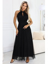 numoco Rochie maxi elegantă de seară halter cu tul și legătură la talie - neagră