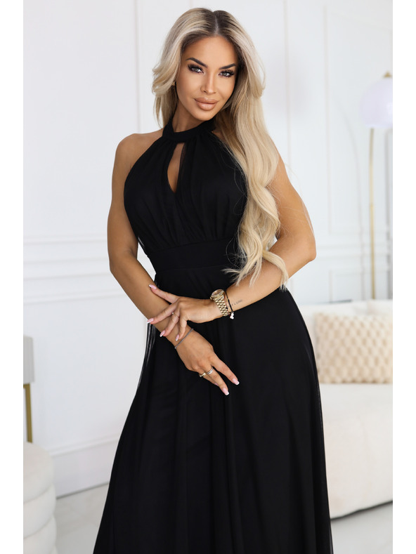 numoco Rochie maxi elegantă de seară halter cu tul și legătură la talie - neagră