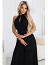 numoco Rochie maxi elegantă de seară halter cu tul și legătură la talie - neagră