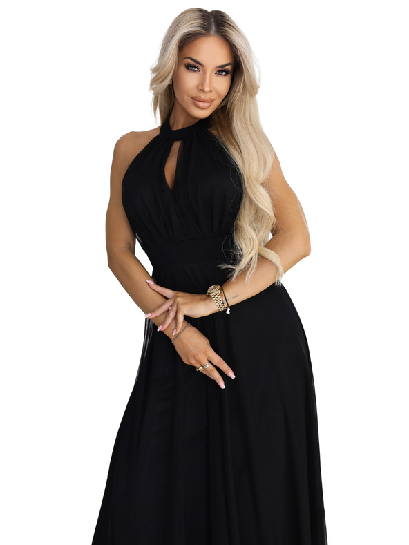 numoco Rochie maxi elegantă de seară halter cu tul și legătură la talie - neagră