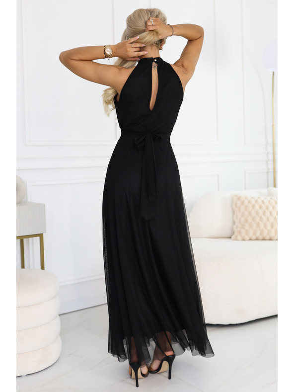 numoco Rochie maxi elegantă de seară halter cu tul și legătură la talie - neagră