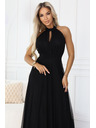 numoco Rochie maxi elegantă de seară halter cu tul și legătură la talie - neagră