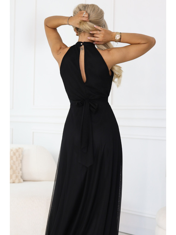 numoco Rochie maxi elegantă de seară halter cu tul și legătură la talie - neagră
