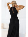 numoco Rochie maxi elegantă de seară halter cu tul și legătură la talie - neagră