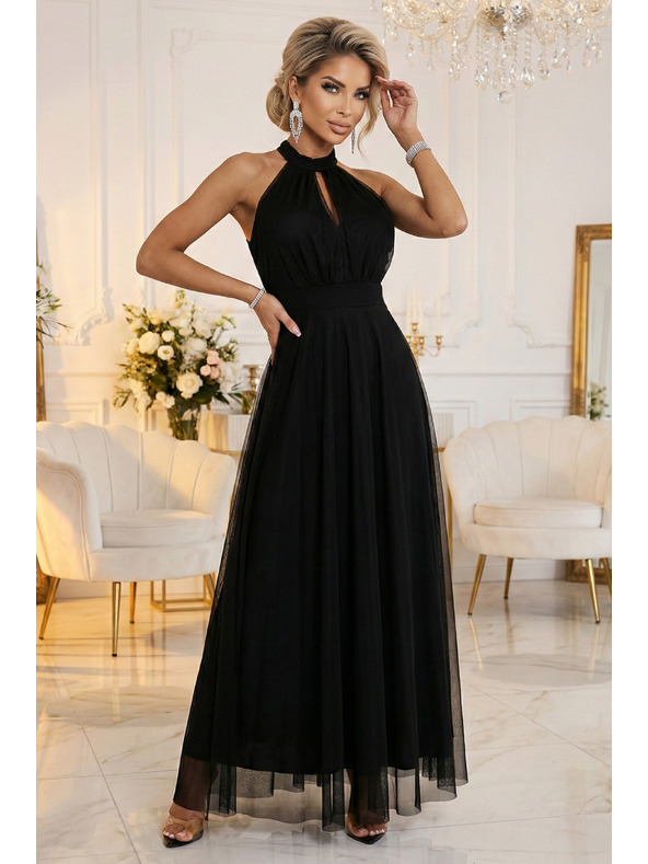 numoco Rochie maxi elegantă de seară halter cu tul și legătură la talie - neagră