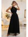 numoco Rochie maxi elegantă de seară halter cu tul și legătură la talie - neagră