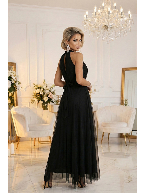 numoco Rochie maxi elegantă de seară halter cu tul și legătură la talie - neagră