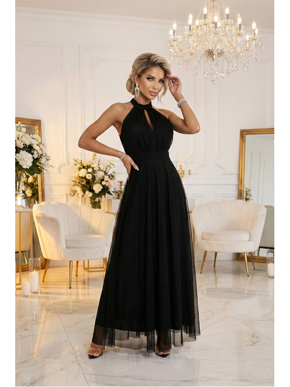 numoco Rochie maxi elegantă de seară halter cu tul și legătură la talie - neagră