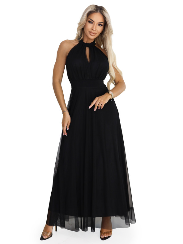 numoco Rochie maxi elegantă de seară halter cu tul și legătură la talie - neagră