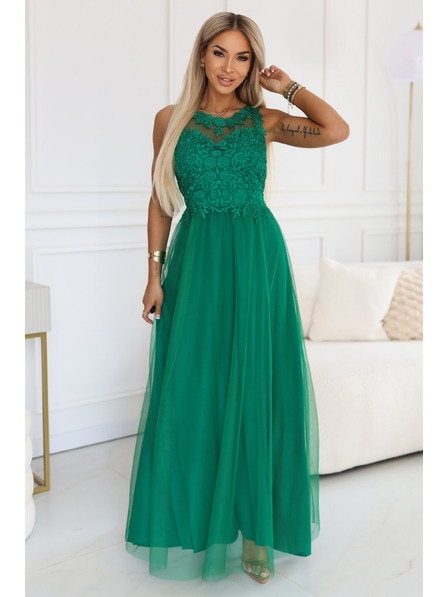 numoco basic Rochie maxi romantică de nuntă cu dantelă brodata și tul - verde