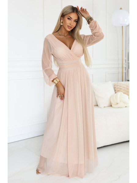 numoco basic Rochie maxi lungă cu mâneci din tul și decolteu plic - piersică