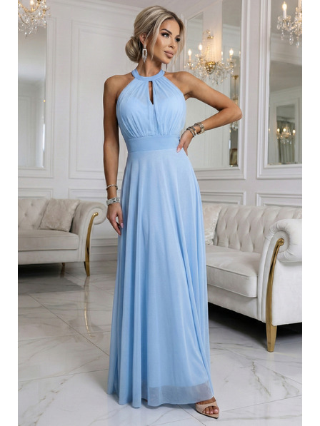 numoco basic Rochie maxi elegantă de seară halter cu tul și legătură la talie - albastru deschis