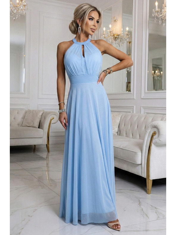 numoco Rochie maxi elegantă de seară halter cu tul și legătură la talie - albastru deschis