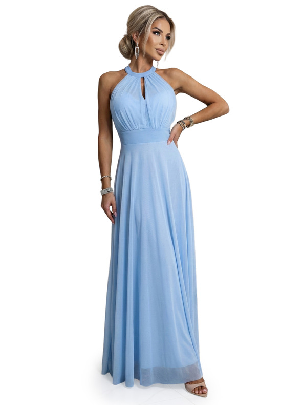numoco Rochie maxi elegantă de seară halter cu tul și legătură la talie - albastru deschis