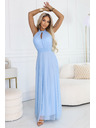 numoco Rochie maxi elegantă de seară halter cu tul și legătură la talie - albastru deschis
