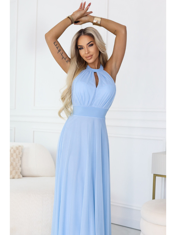 numoco Rochie maxi elegantă de seară halter cu tul și legătură la talie - albastru deschis