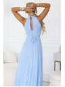 numoco Rochie maxi elegantă de seară halter cu tul și legătură la talie - albastru deschis
