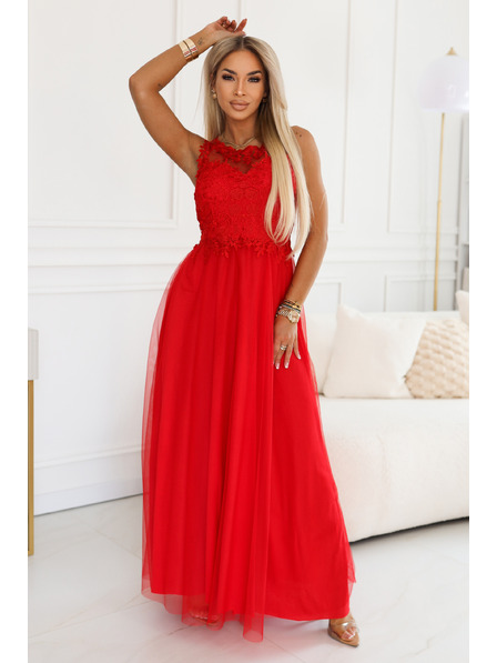 numoco basic Rochie maxi romantică de nuntă cu dantelă brodata și tul - roșie