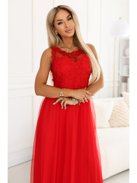 numoco basic Rochie maxi romantică de nuntă cu dantelă brodata și tul - roșie