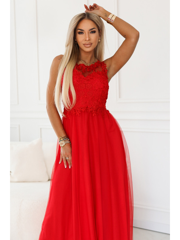 numoco Rochie maxi romantică de nuntă cu dantelă brodata și tul - roșie