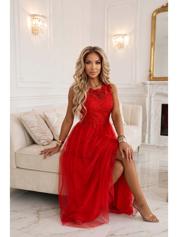 numoco Rochie maxi romantică de nuntă cu dantelă brodata și tul - roșie
