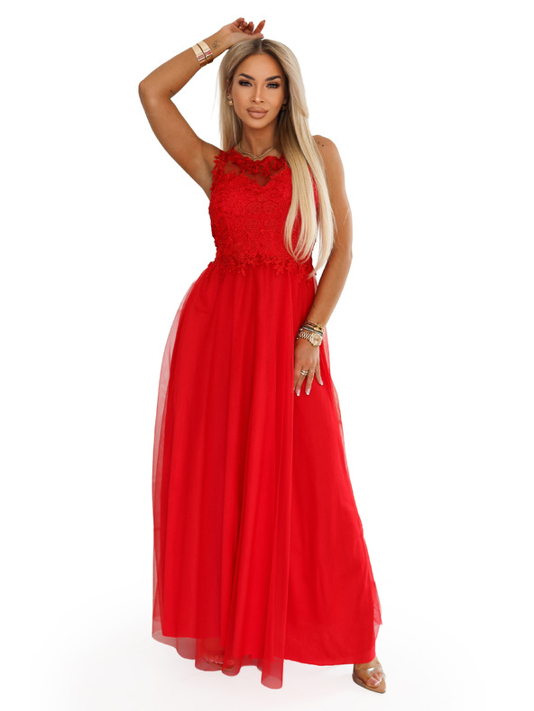 numoco Rochie maxi romantică de nuntă cu dantelă brodata și tul - roșie