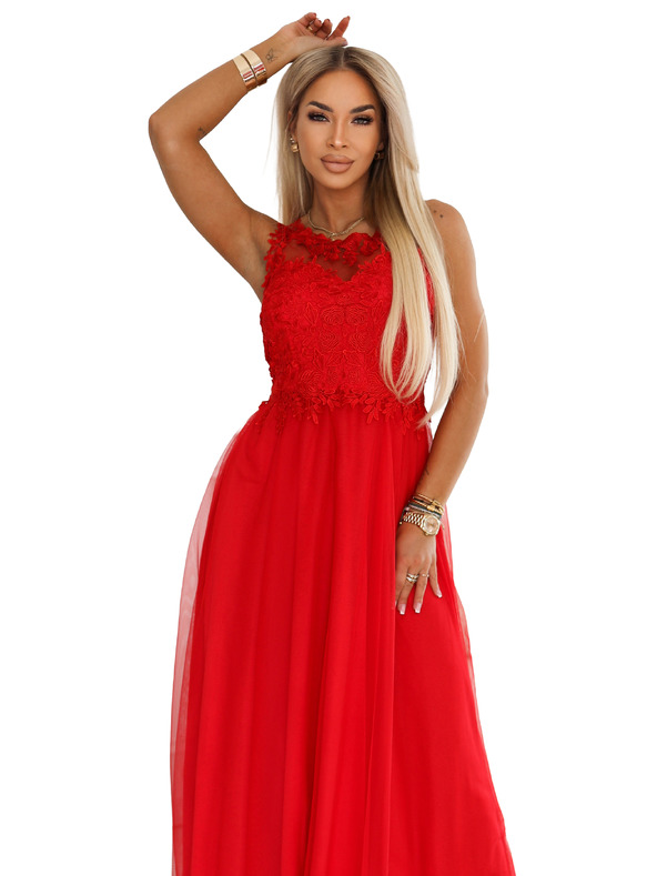 numoco Rochie maxi romantică de nuntă cu dantelă brodata și tul - roșie