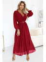 numoco Rochie maxi elegantă cu pliuri, centură și decolteu cu legătură - roșu vin