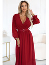numoco Rochie maxi elegantă cu pliuri, centură și decolteu cu legătură - roșu vin