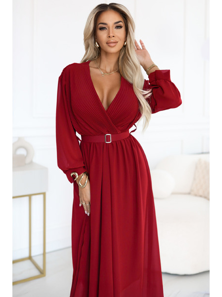 numoco basic Rochie maxi elegantă cu pliuri, centură și decolteu cu legătură - roșu vin