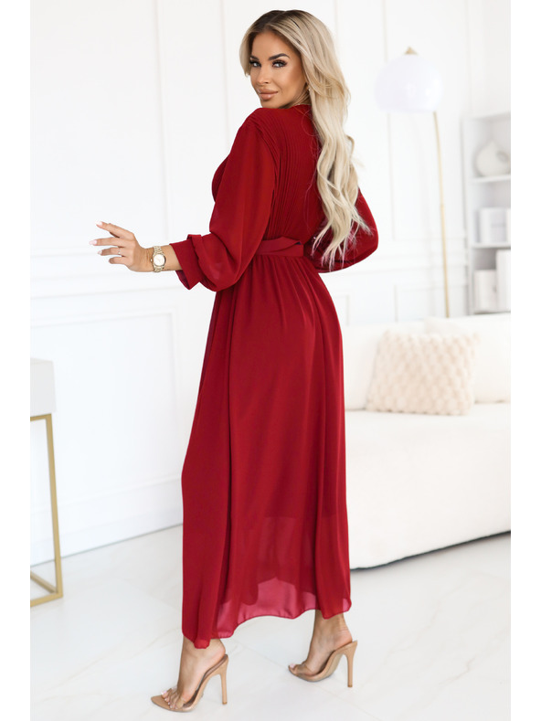 numoco Rochie maxi elegantă cu pliuri, centură și decolteu cu legătură - roșu vin