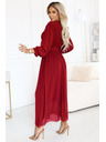 numoco Rochie maxi elegantă cu pliuri, centură și decolteu cu legătură - roșu vin
