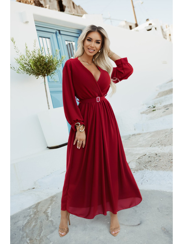 numoco Rochie maxi elegantă cu pliuri, centură și decolteu cu legătură - roșu vin