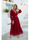 numoco Rochie maxi elegantă cu pliuri, centură și decolteu cu legătură - roșu vin