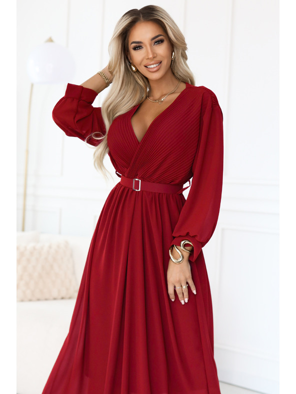 numoco Rochie maxi elegantă cu pliuri, centură și decolteu cu legătură - roșu vin