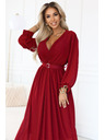 numoco Rochie maxi elegantă cu pliuri, centură și decolteu cu legătură - roșu vin