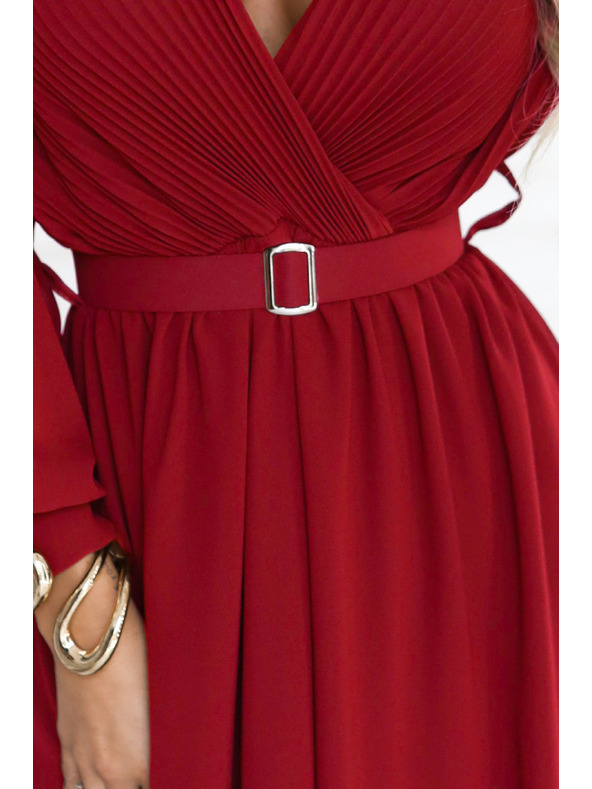 numoco Rochie maxi elegantă cu pliuri, centură și decolteu cu legătură - roșu vin