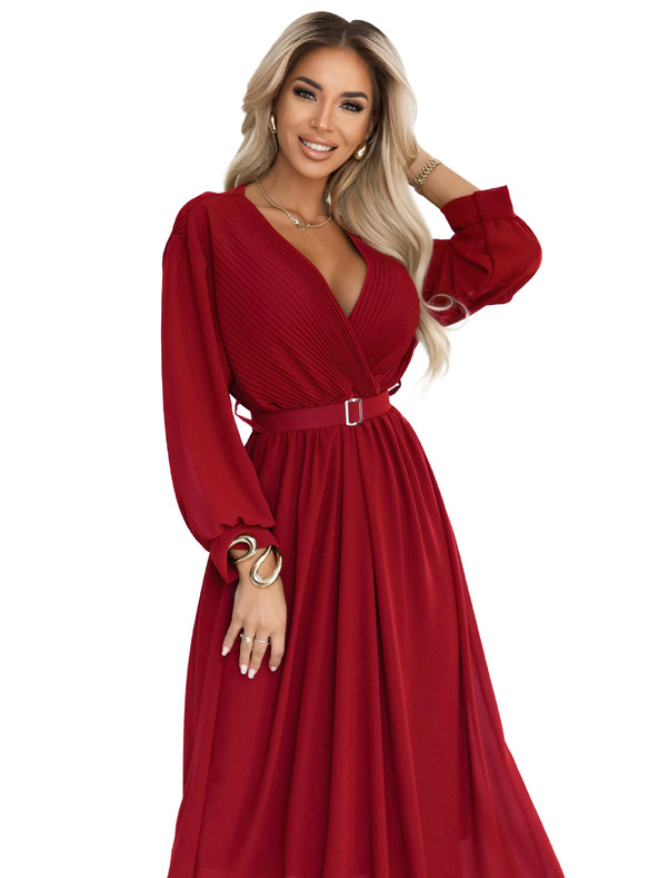 numoco Rochie maxi elegantă cu pliuri, centură și decolteu cu legătură - roșu vin