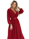 numoco Rochie maxi elegantă cu pliuri, centură și decolteu cu legătură - roșu vin