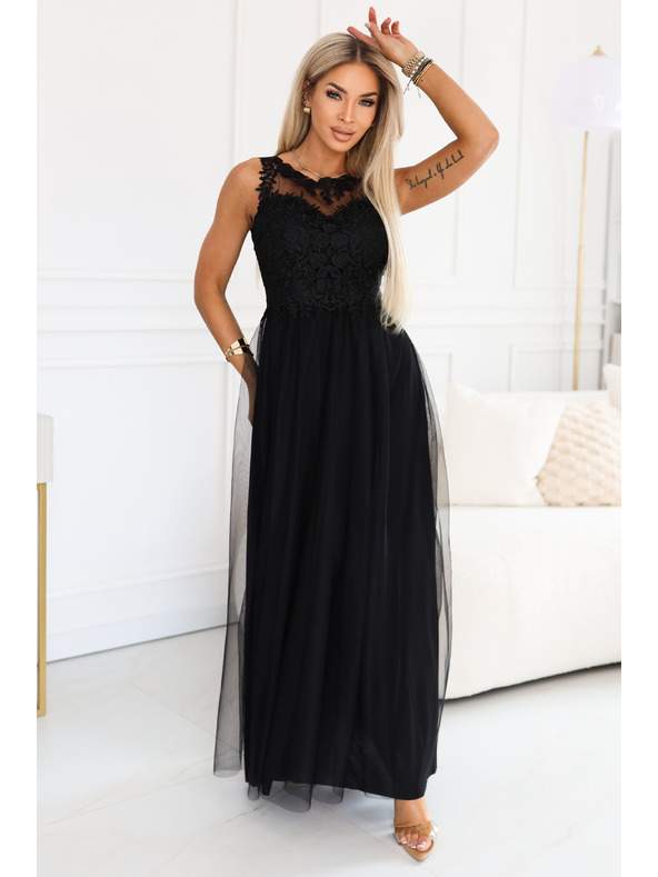 numoco Rochie maxi romantică cu dantelă brodata și tul - neagră