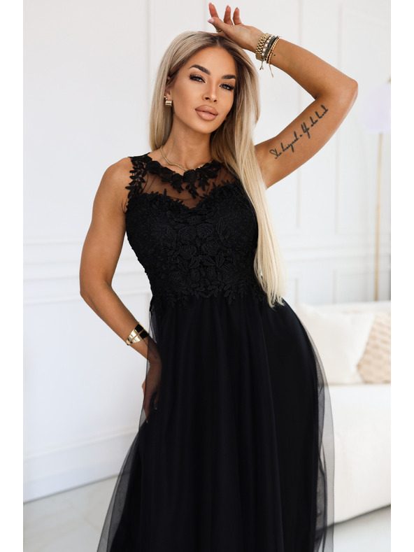 numoco Rochie maxi romantică cu dantelă brodata și tul - neagră
