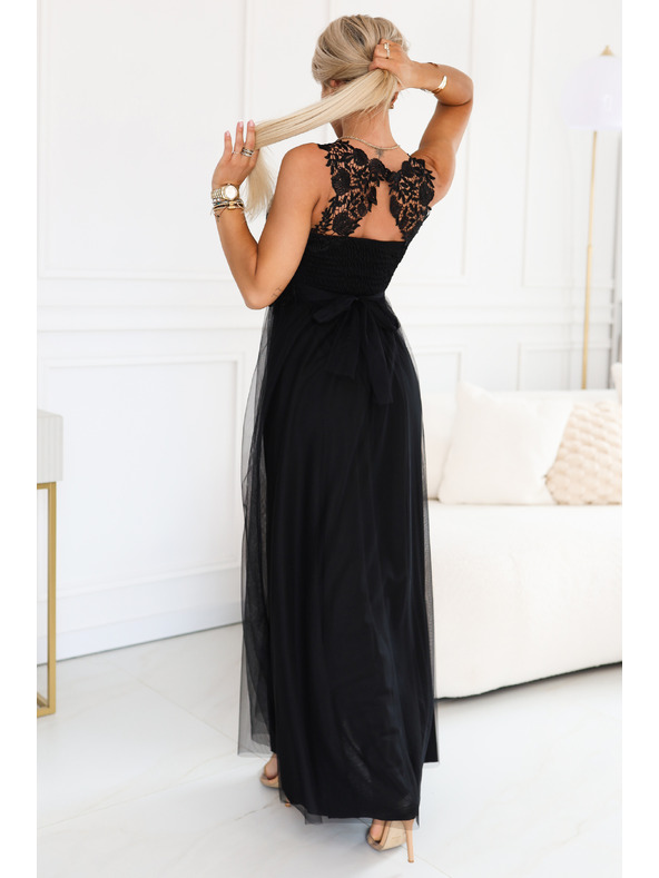 numoco Rochie maxi romantică cu dantelă brodata și tul - neagră