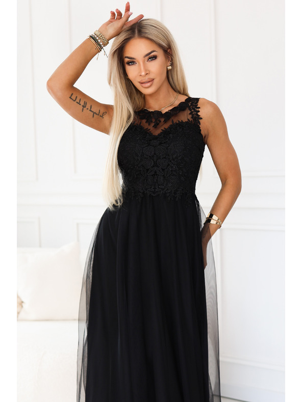 numoco Rochie maxi romantică cu dantelă brodata și tul - neagră