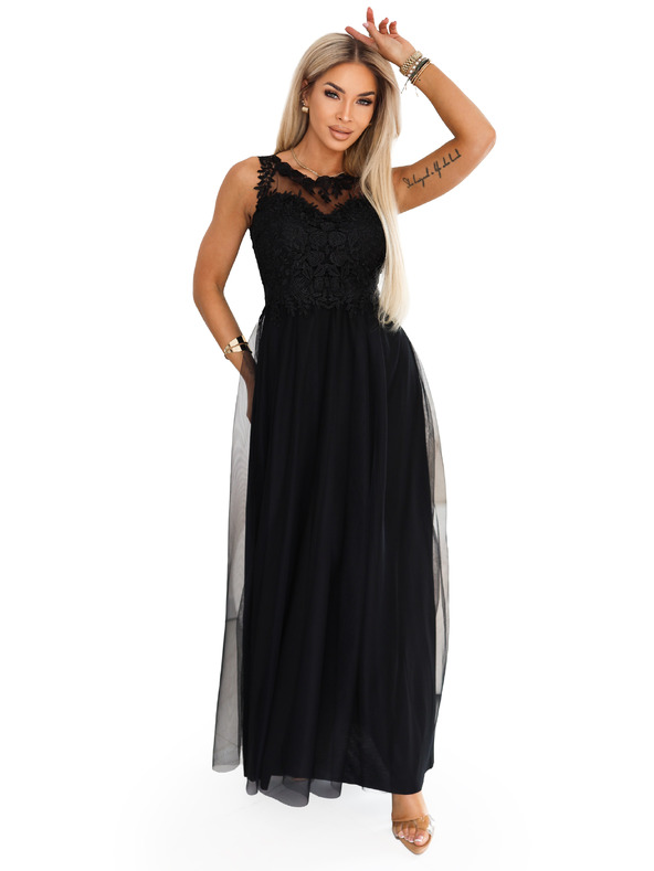 numoco Rochie maxi romantică cu dantelă brodata și tul - neagră
