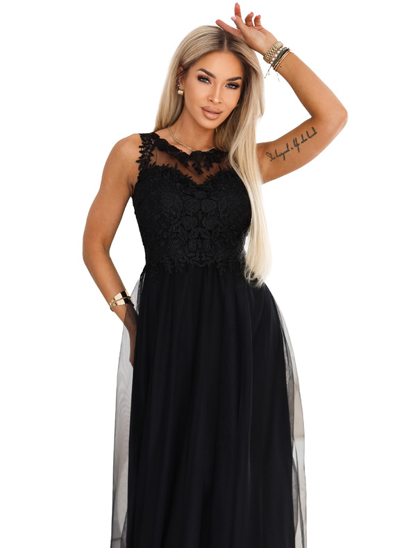 numoco Rochie maxi romantică cu dantelă brodata și tul - neagră