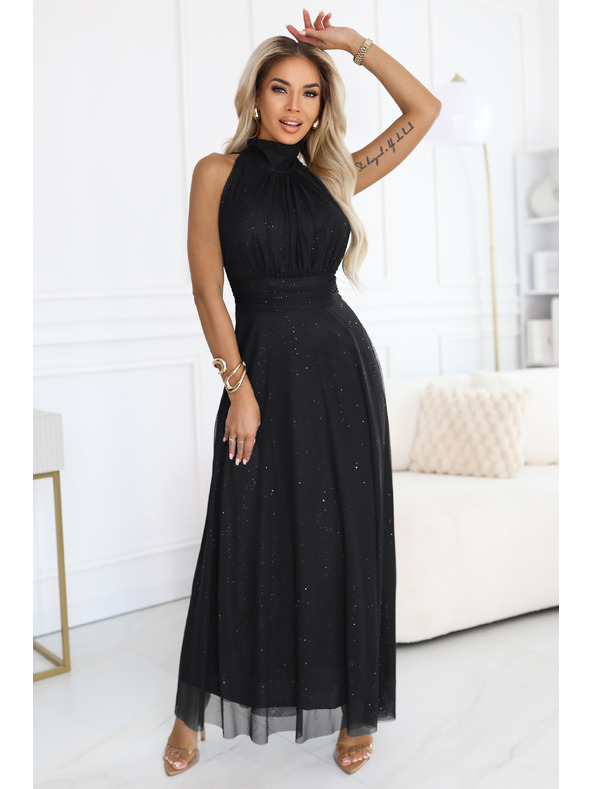 numoco VERONICA rochie lungă de lux cu accent brocat și croiala elegantă - neagră