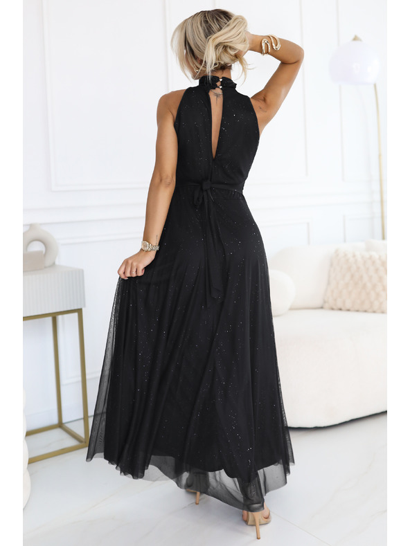 numoco VERONICA rochie lungă de lux cu accent brocat și croiala elegantă - neagră