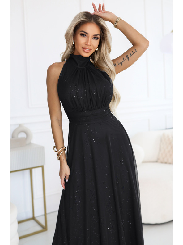 numoco VERONICA rochie lungă de lux cu accent brocat și croiala elegantă - neagră
