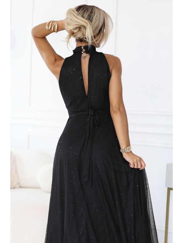 numoco VERONICA rochie lungă de lux cu accent brocat și croiala elegantă - neagră