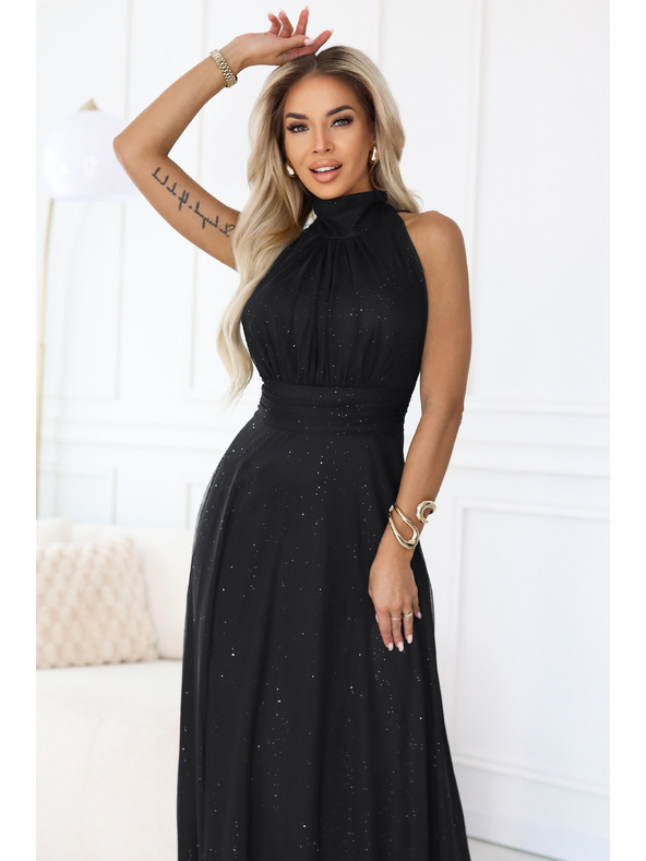 numoco VERONICA rochie lungă de lux cu accent brocat și croiala elegantă - neagră